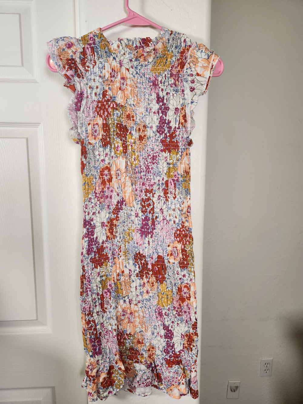 Smocked Floral Midi Dress in Multi-Color